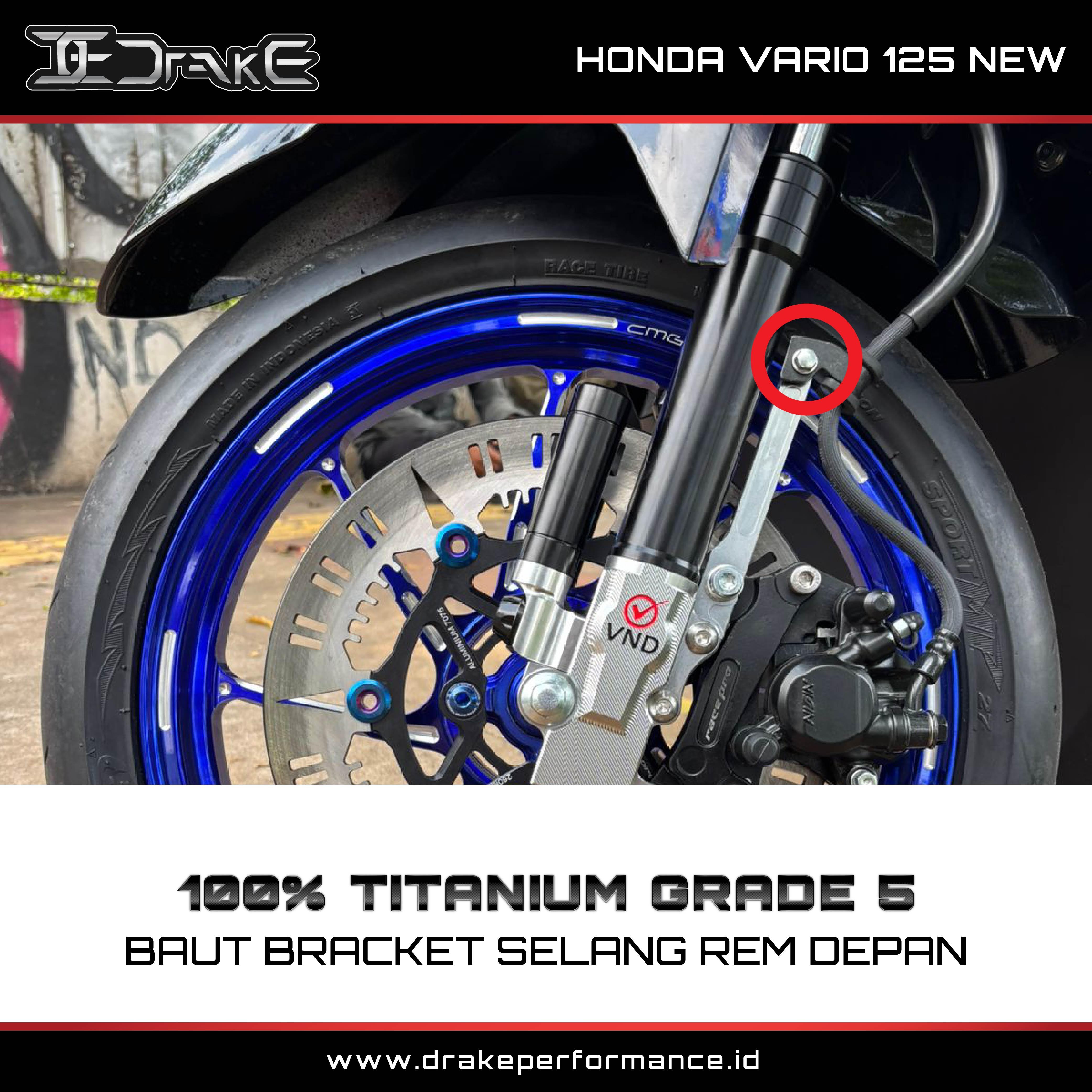 Drake Titanium Baut Bracket Selang Rem Depan Honda Vario 125 New 2026 Grade 5 Original