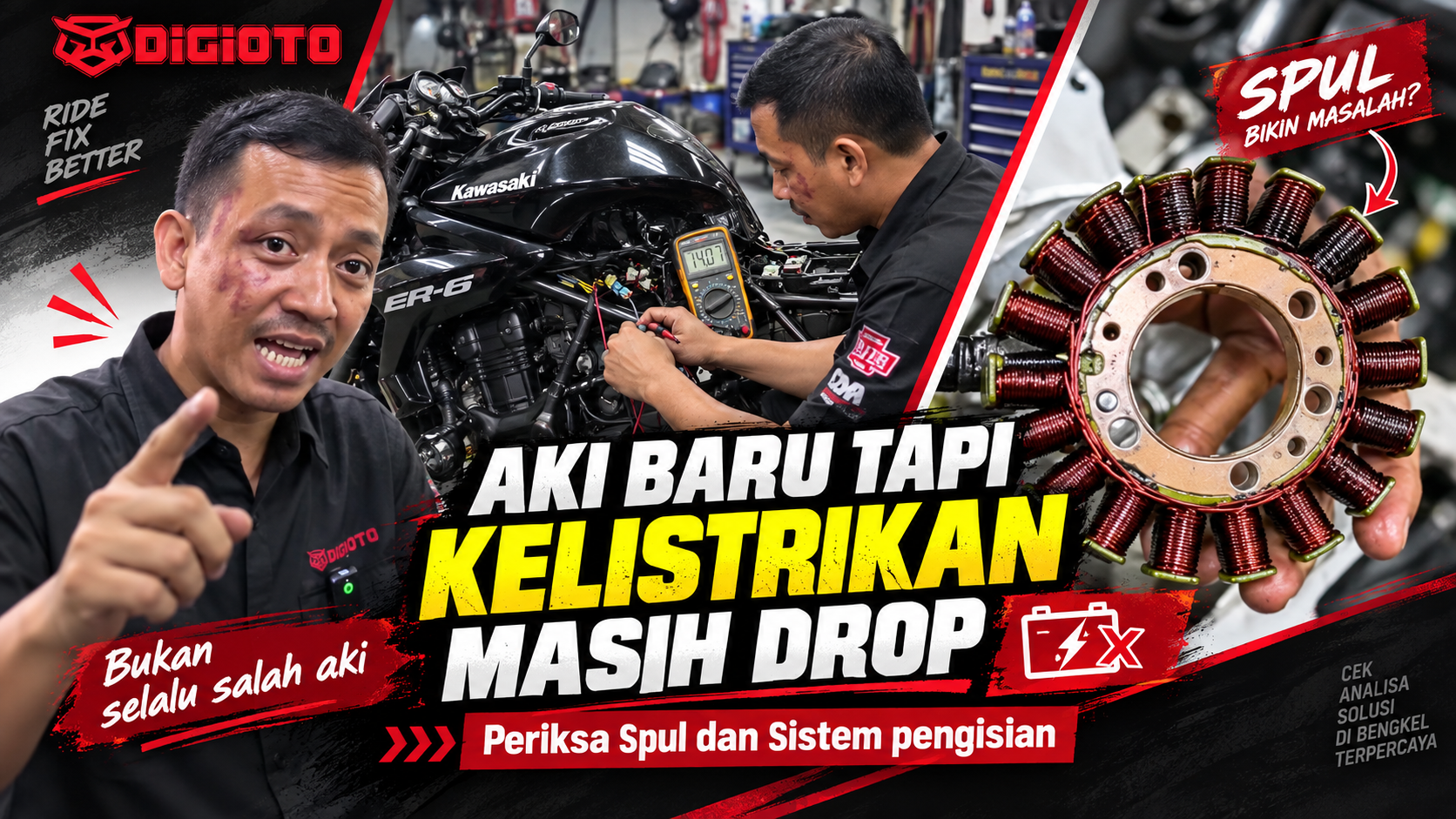 Pemeriksaan spul Kawasaki ER-6 penyebab sistem pengisian drop