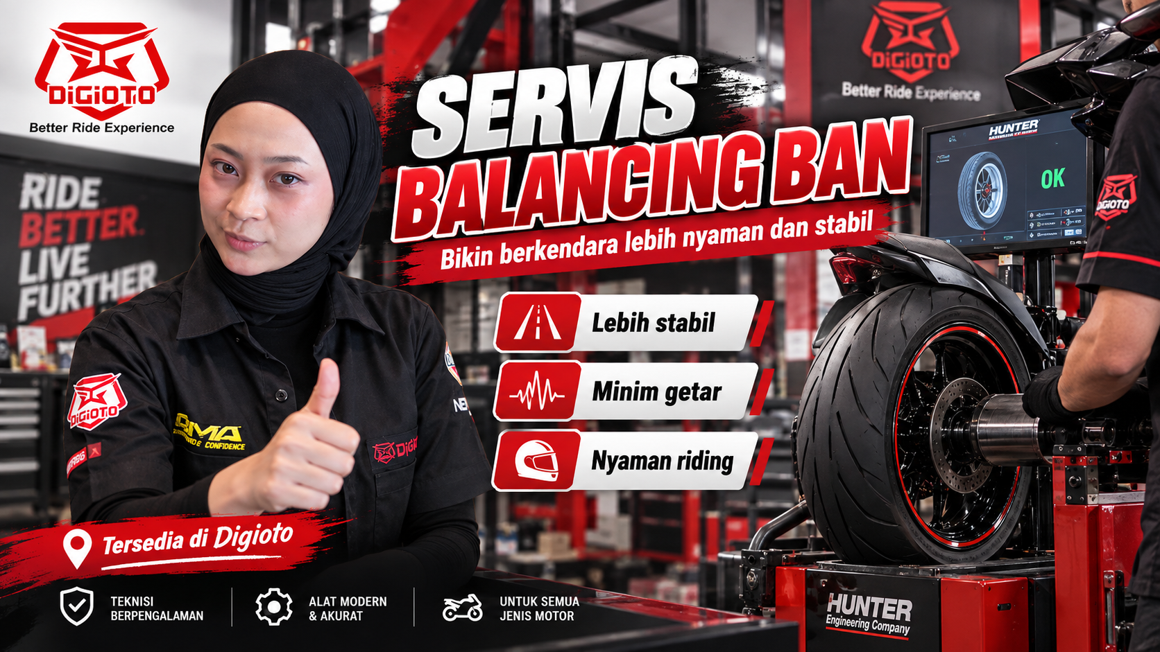 servis balancing ban motor dan moge di Digioto