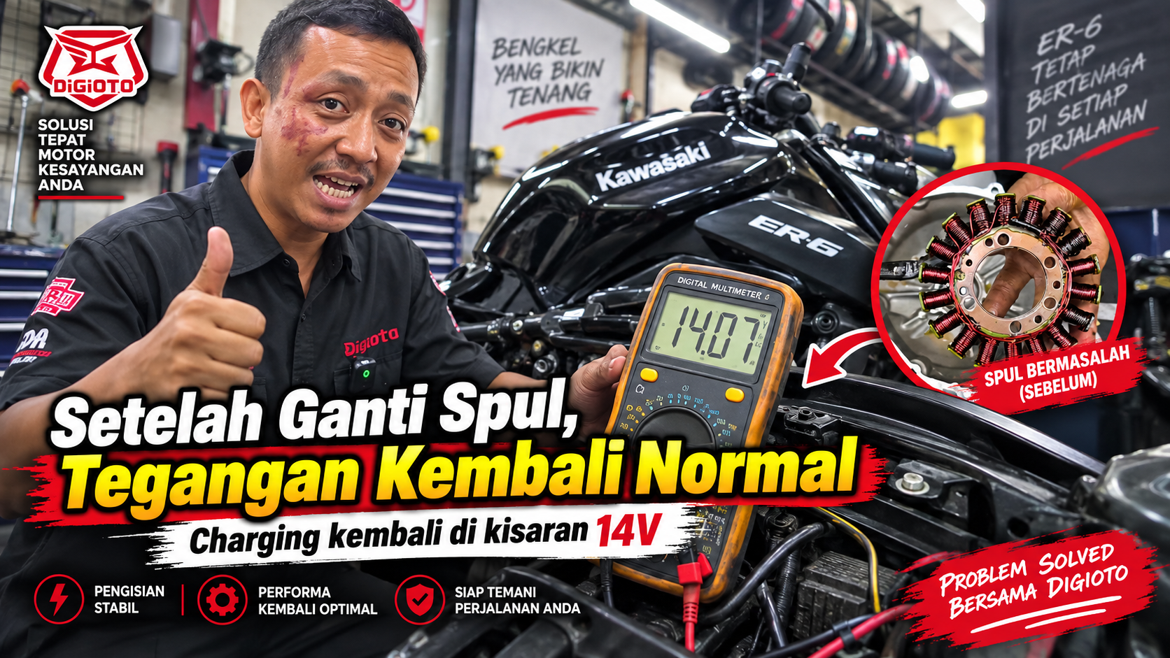 Tegangan charging Kawasaki ER-6 sekitar 14 volt setelah perbaikan spul